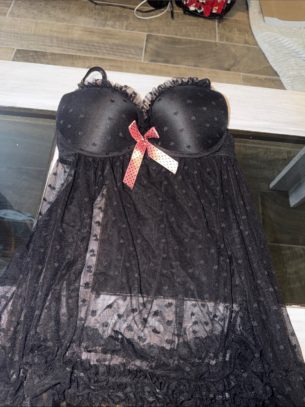 Women’s Black Sheer Lace Babydoll Chemise with Contrast Bow